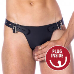 Leather slip with opening and anal dildo inside