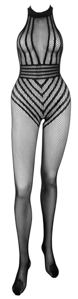 Catsuit ouvert aus weichem Netz mit eingewebtem Streifen-Body
