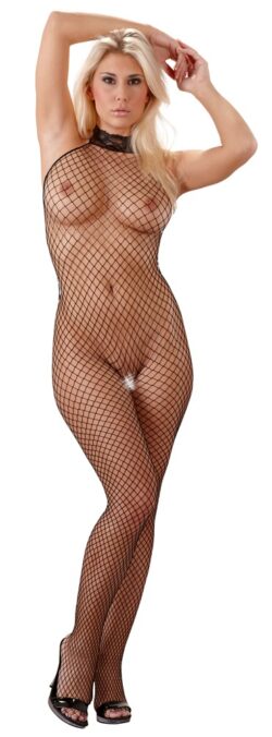 Catsuit aus Netz, ouvert, mit Spitzenhalsband